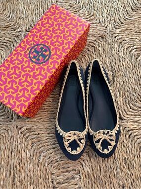 Tory Burch navy/ Black Raffia Trim Ballet Flats